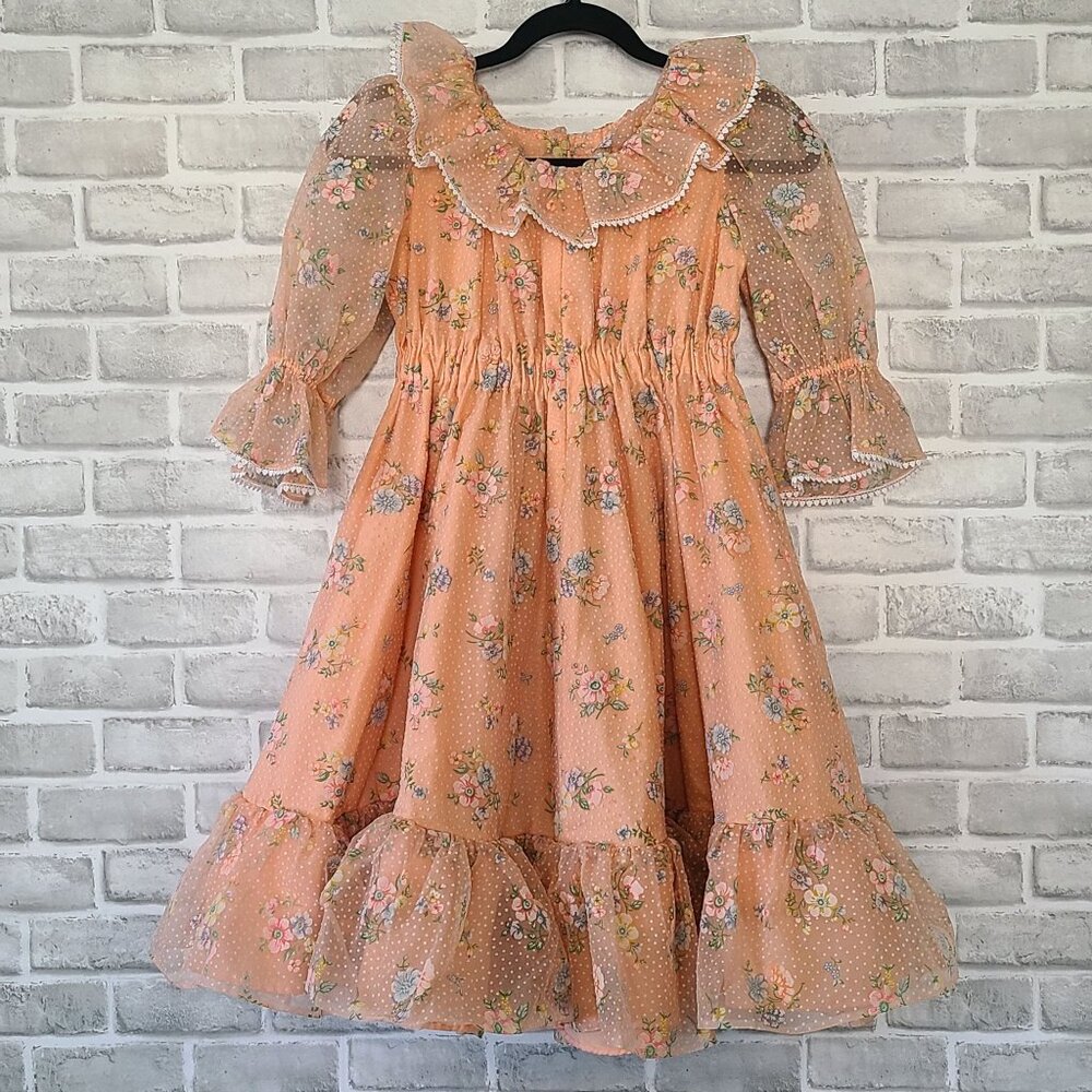 Vintage Girls Floral Dotted Swiss Ruffled Dress Full Circle Sheer Sleeves Lace